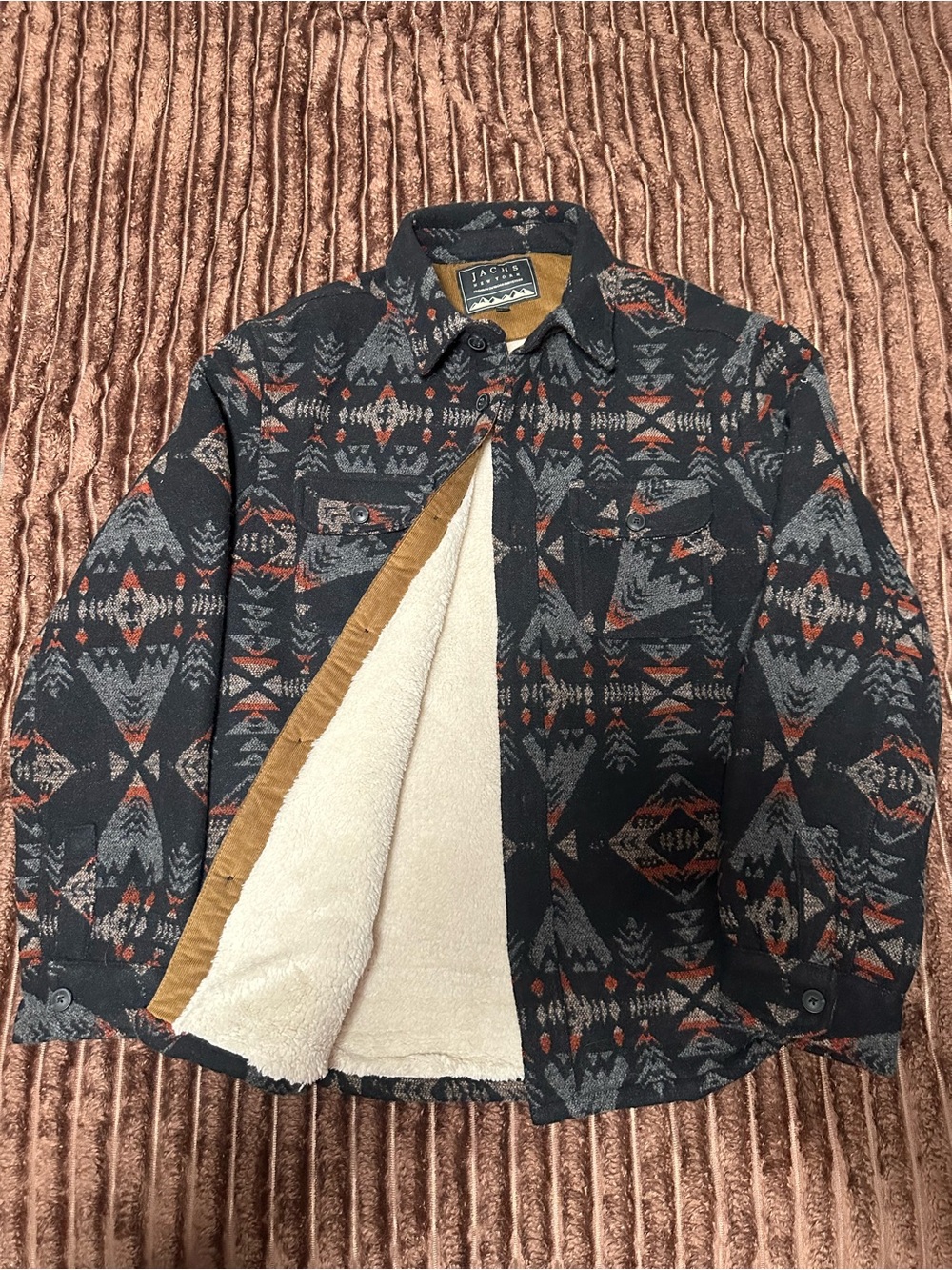 JACKSON Aztec Sherpa-Lined Shirt Jacket in Black & Rust